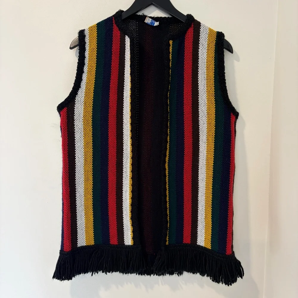 Vintage Sears Cardigan Sweater Vest Striped Fringe 60s 70s Boho Hippie Mod Knit